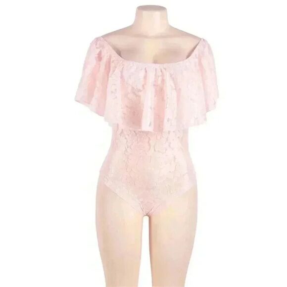🆕 Small Pink Ruffle Off The Shoulder Sheer Lace One Piece Balletcore Bodysuit - Picture 1 of 4
